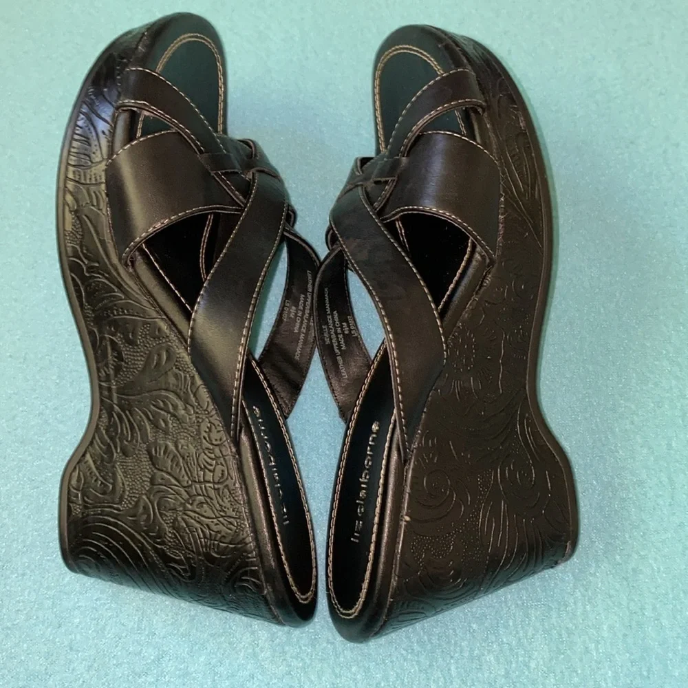 LIZ CLAIBORNE Seville leather wedge black strap chunky summer sandals size 6.5 M